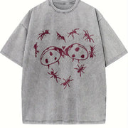 Batik - Ants Ladybugs Heart Prints vintage washed oversized T-shirt in Gray