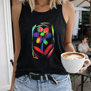 Colorful Flower Abstract Art Crew-neck Sleeveless Vest Women's Color Cotton Tank Top in Black