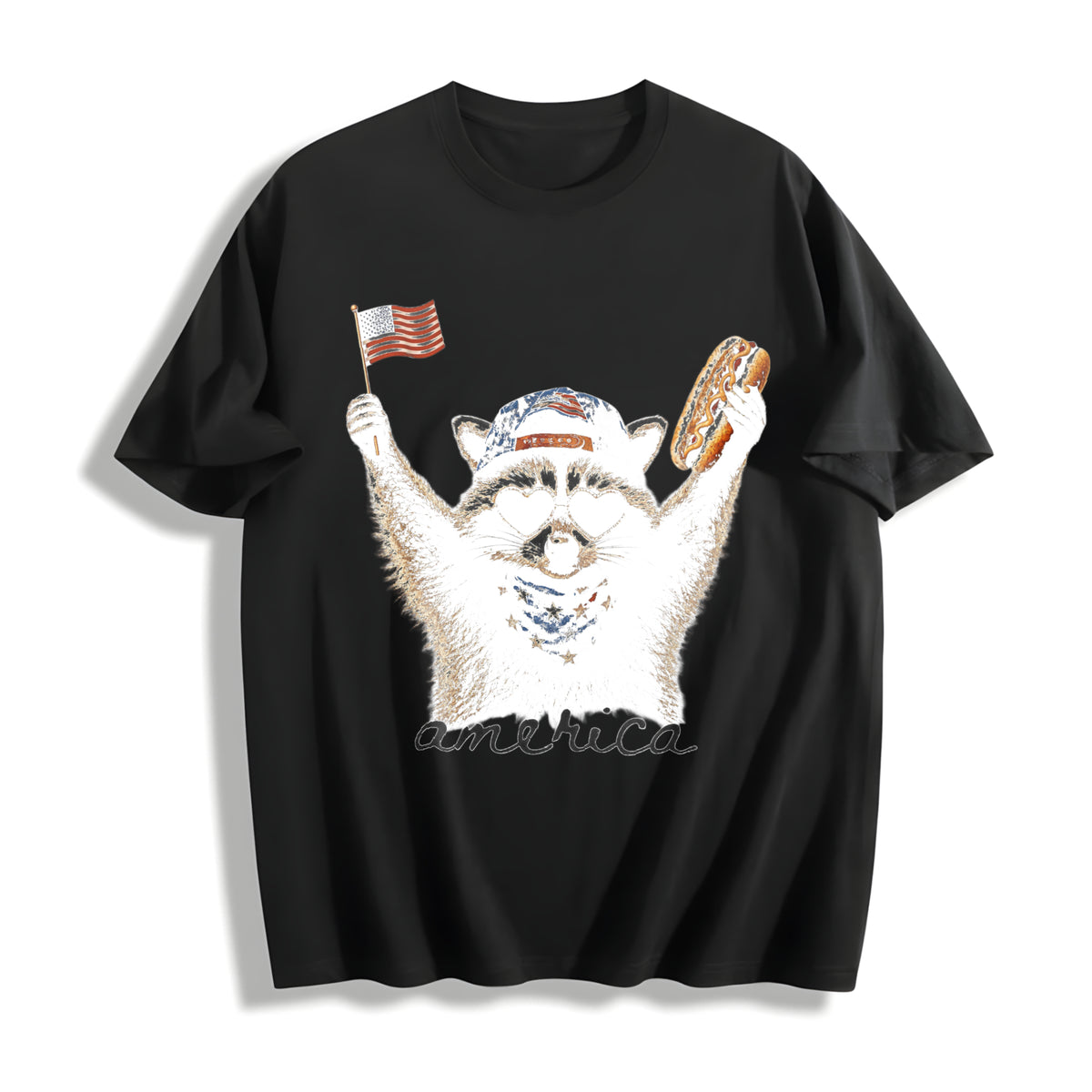 Patriotic Raccoon America 4th of July Raccoon Lover USA Cotton T-Shirt in Black