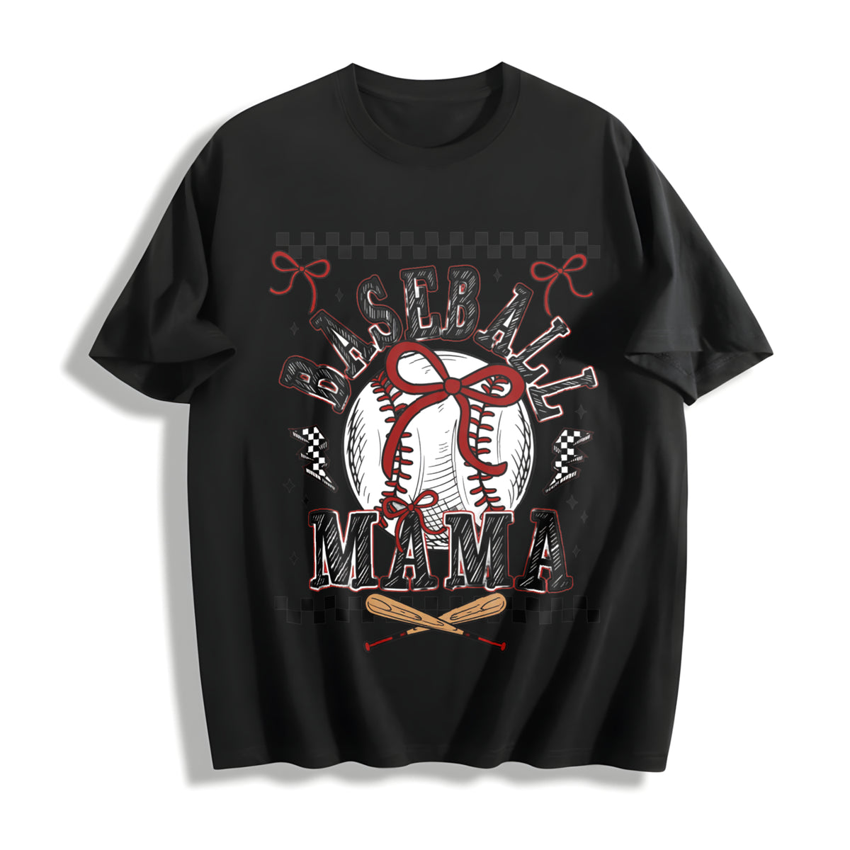 Retro Baseball Mama Checkered Cotton T-Shirt in Black