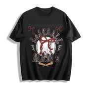 Retro Baseball Mama Checkered Cotton T-Shirt in Black