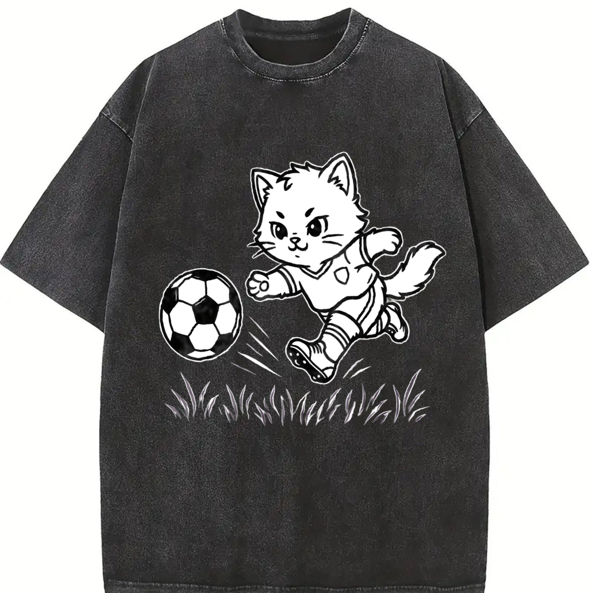 Soccer Cat Vintage Washed T-Shirt in Black