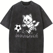 Soccer Cat Vintage Washed T-Shirt in Black