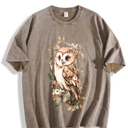 Green Leaf Owl Fashionable Elegant Vintage Washed T-Shirt in Brown