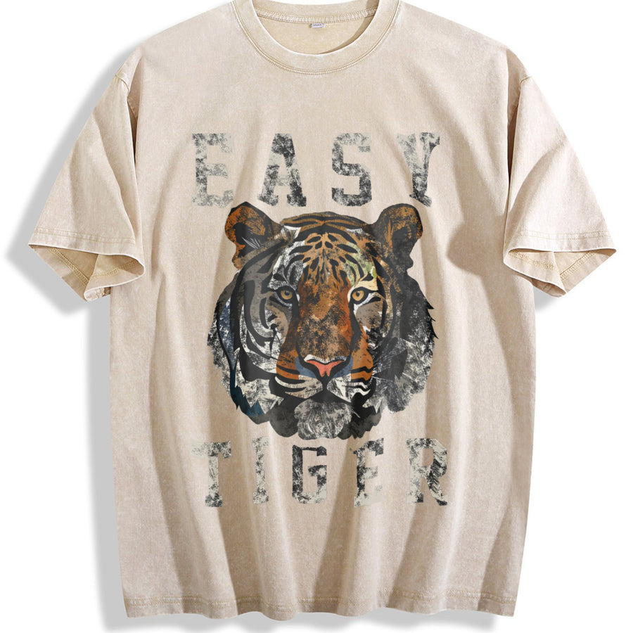 Easy Tiger distressed -chic vintage washed oversized T-shirt in Beige