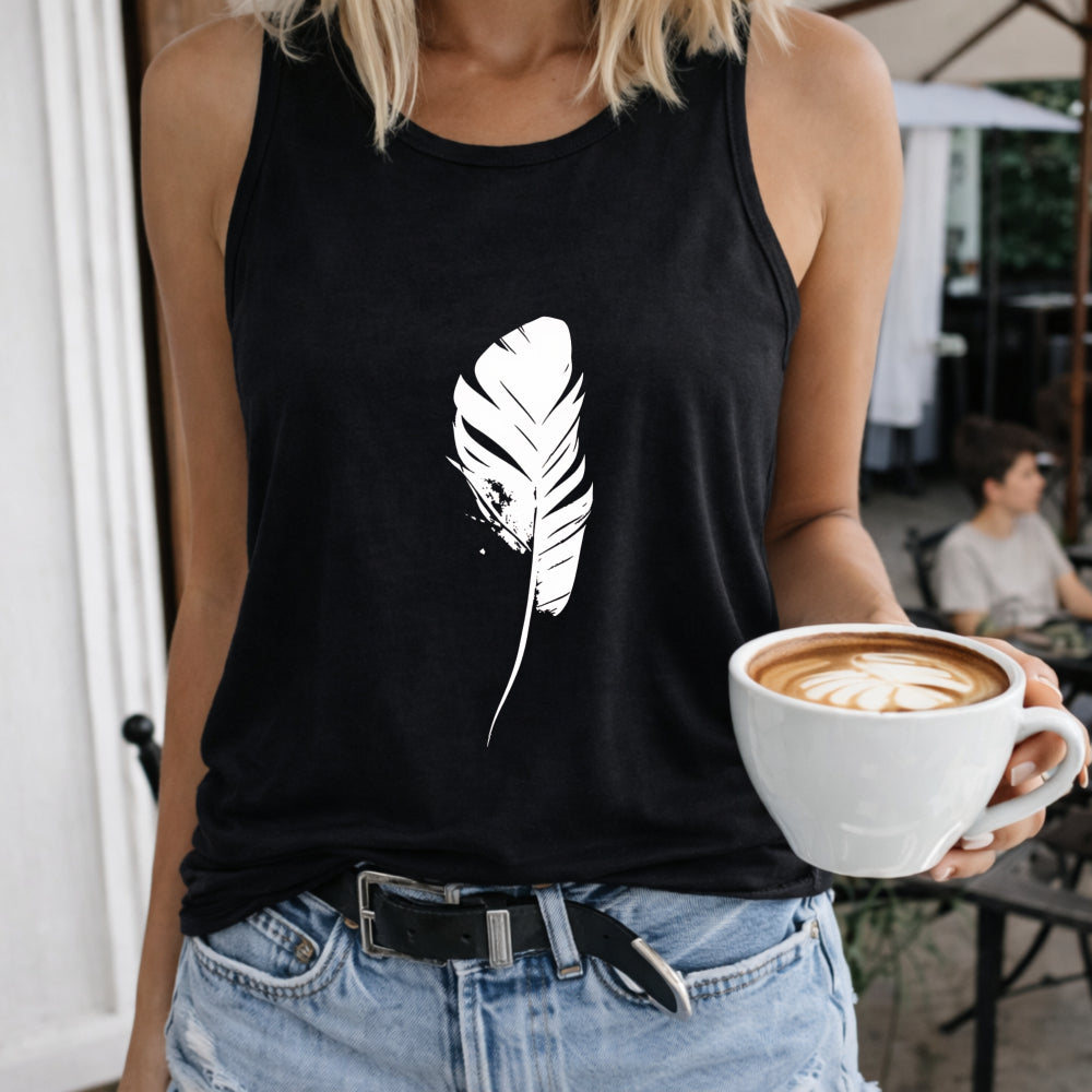 White Feather Crew-neck Sleeveless Vest Outdoor Women's Color Cotton Tank Top in Black