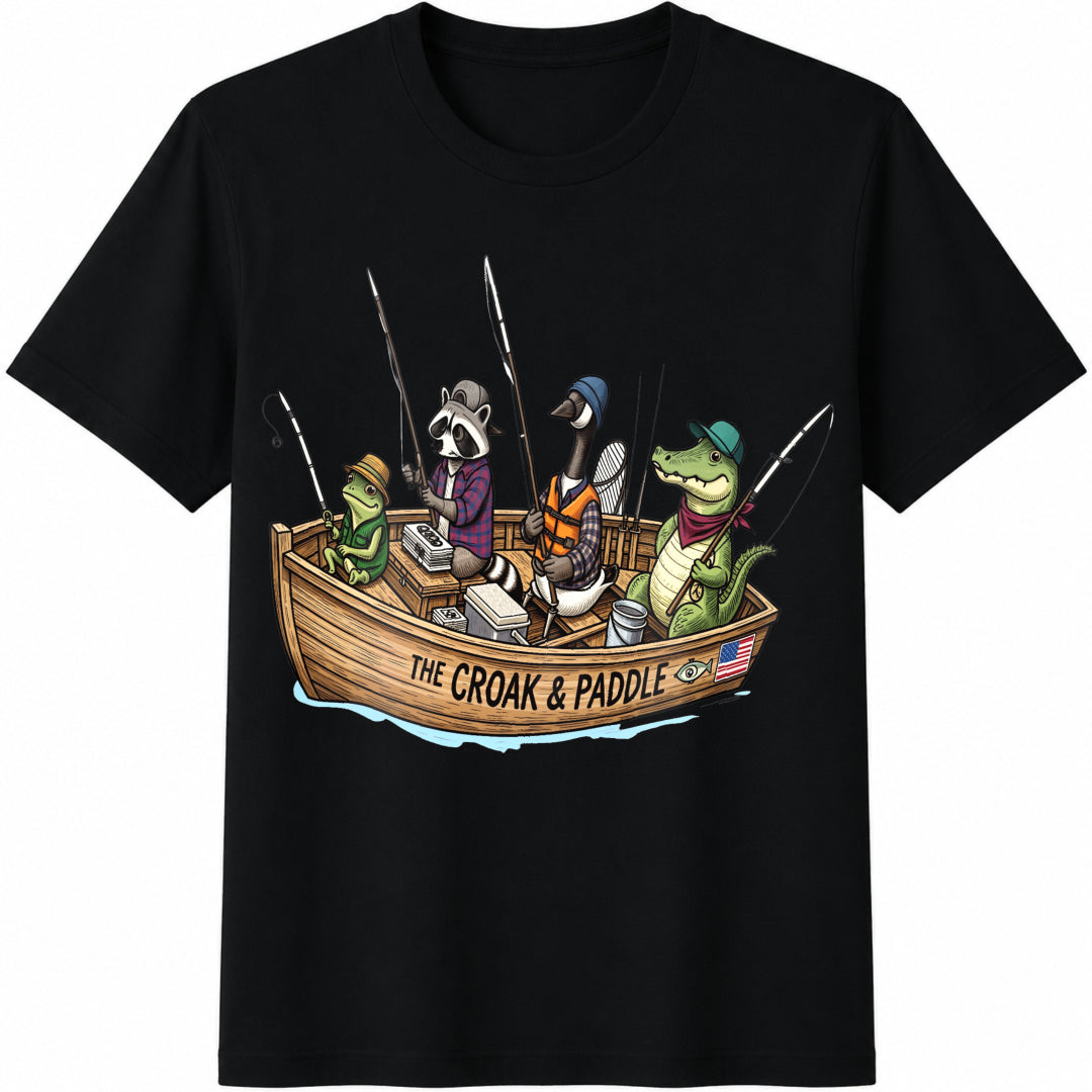 Frog Fishing Crew Cartoon Crocodile in Boat Cotton T-Shirt in Black