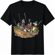 Frog Fishing Crew Cartoon Crocodile in Boat Cotton T-Shirt in Black