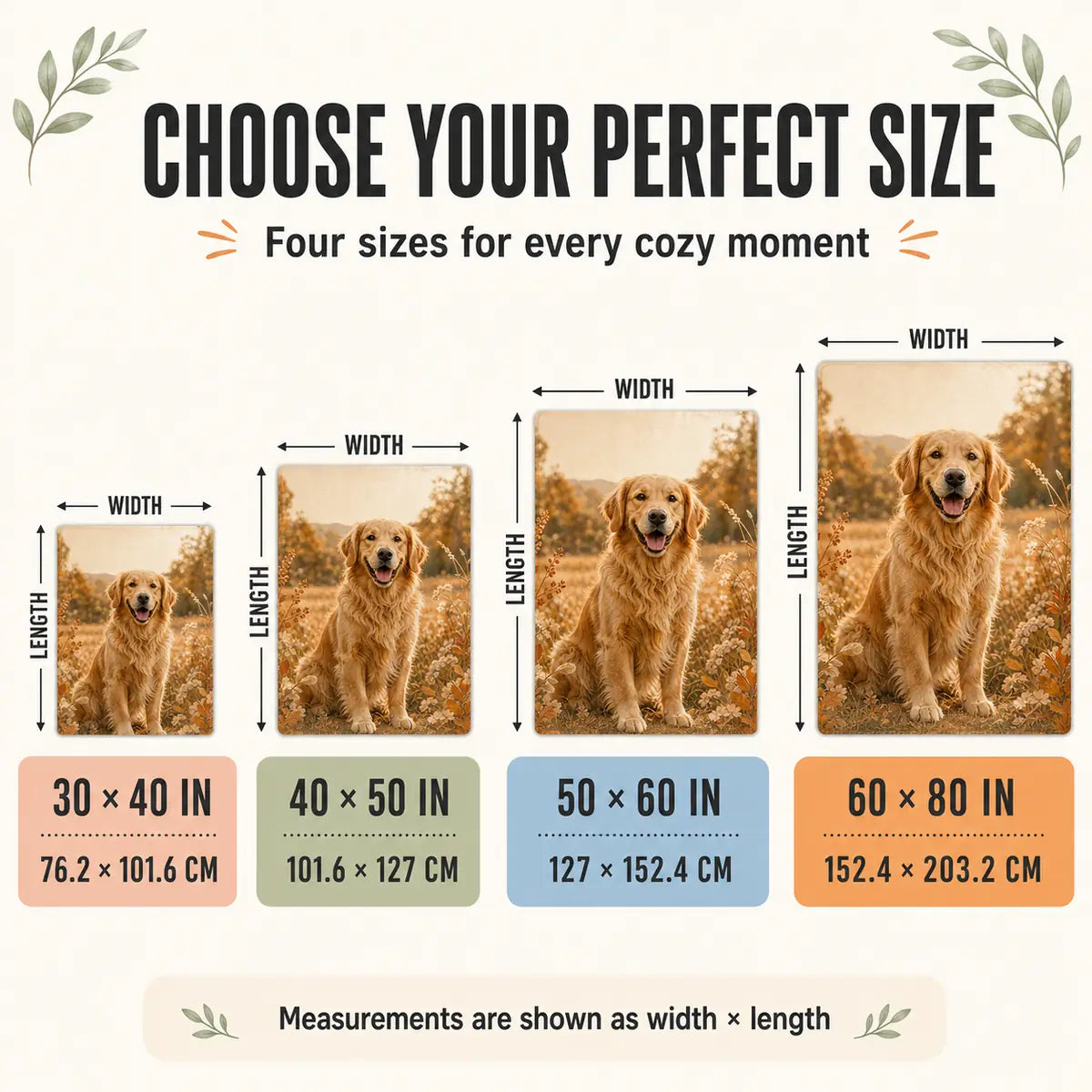 Custom blanket size guide in inches and centimeters