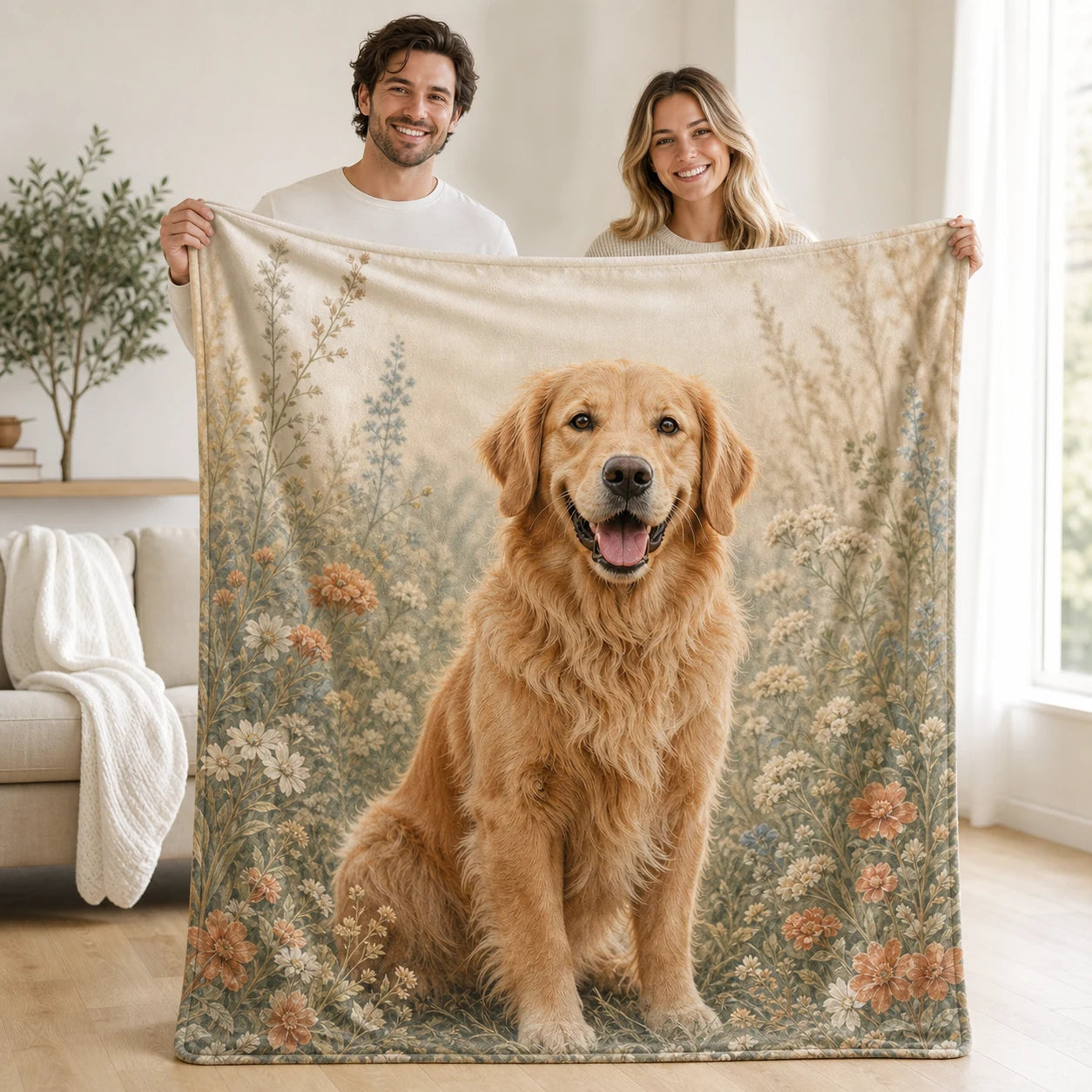 Couple displaying a complete full-print photo blanket