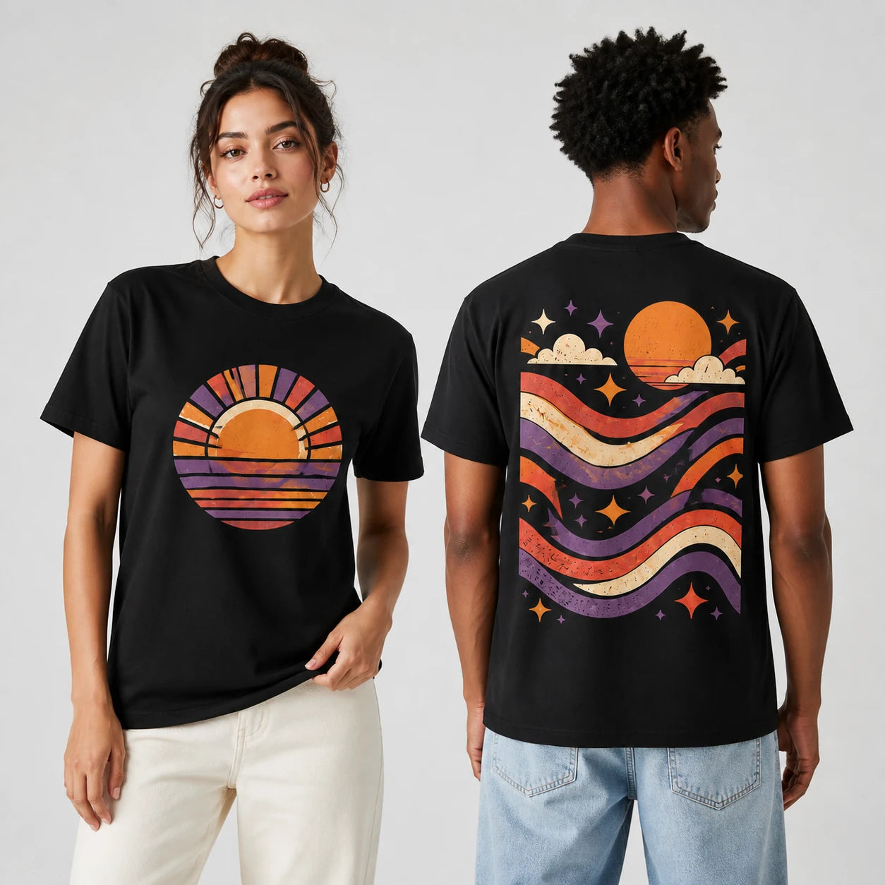 Models showing smooth cotton custom T-shirts from the front and back