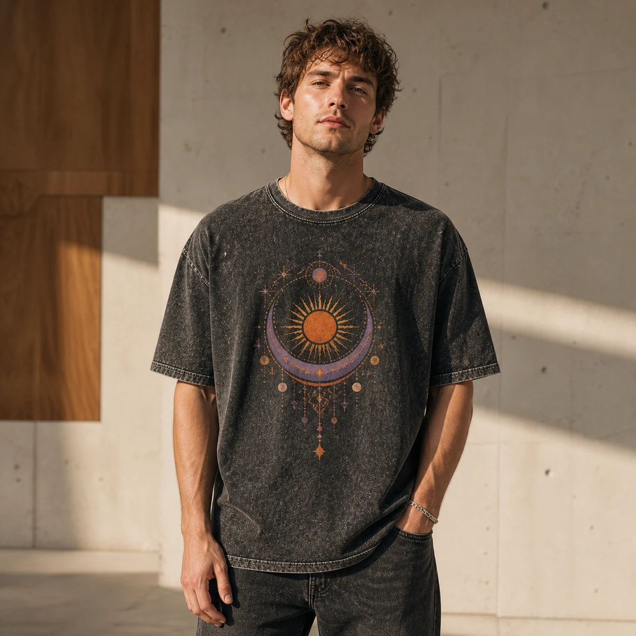 Model wearing a vintage washed custom T-shirt